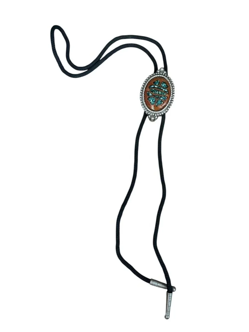 Vintage Navajo Walnut wood inlay Turquoise Bolo tie silver toned